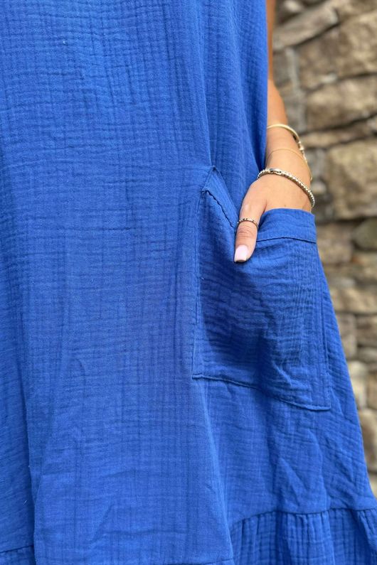 Made in Italy Pia Pillow Cotton Patch Pocket Peplum Dress Mediterranean Blue /58 